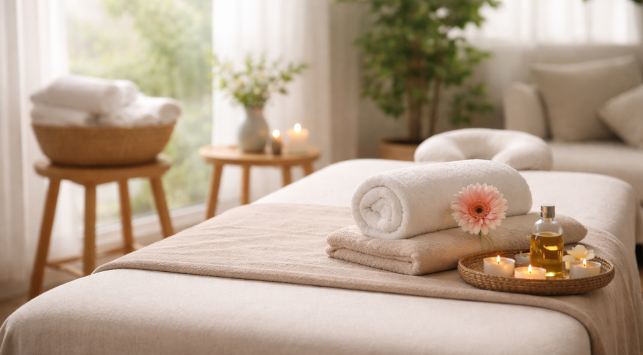 Table de massage confortable, linge, produits bio et naturels. Drainage lymphatique, réflexologie plantaire